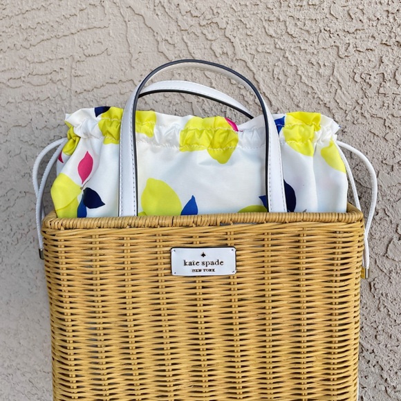 KATE SPADE Wicker Rattan Lemon Zest Printed Woven Picnic Satchel Box Bag - Picture 5 of 16